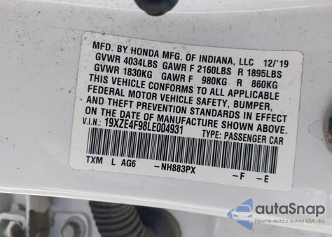 2020 Honda Insight Touring из США, поврежденный, VIN 19XZE4F98LE004931